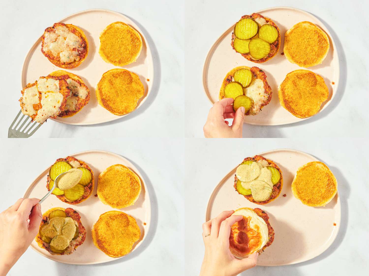 Four steps of assembling a burger with pickles and a sauce being applied on a bun