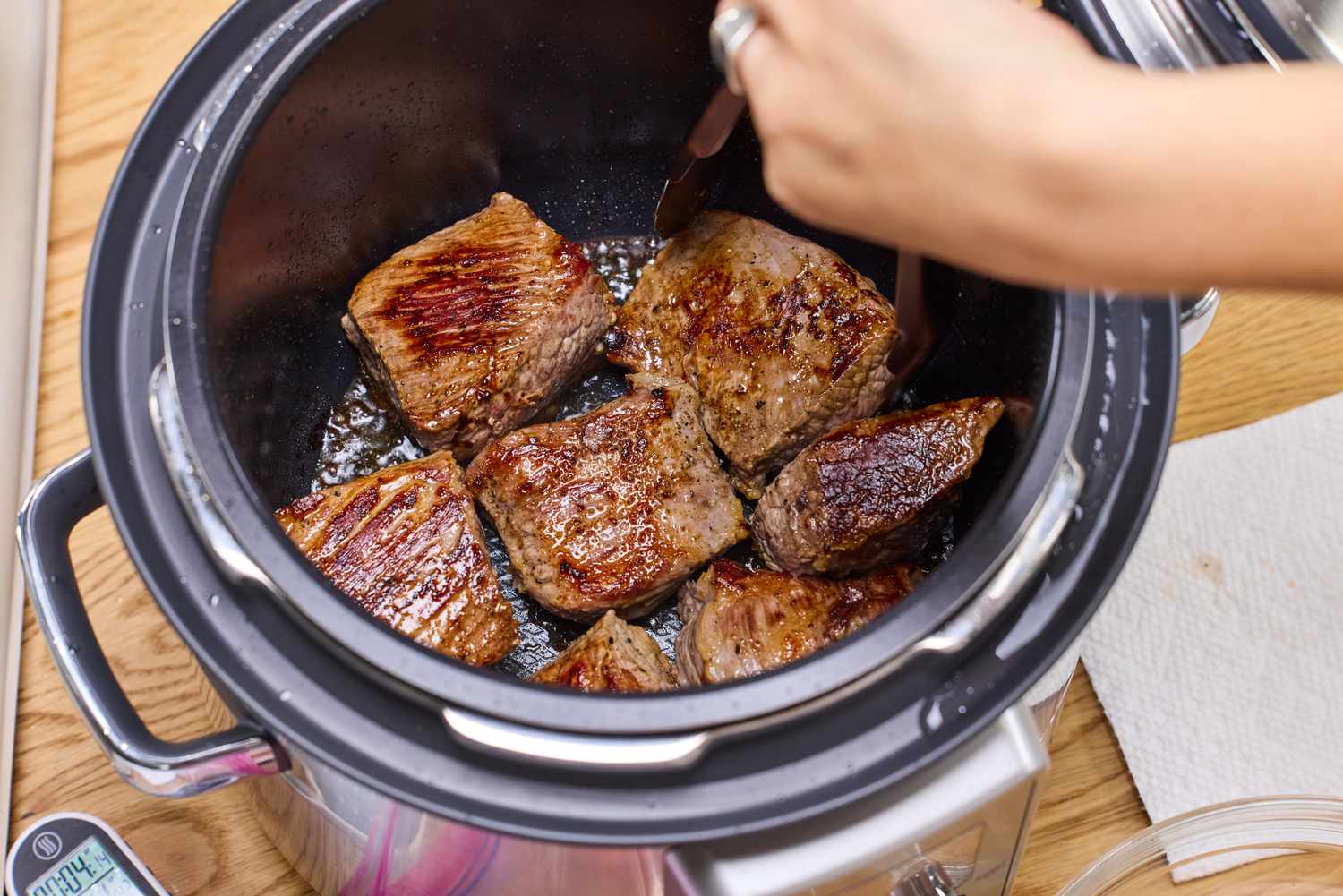 Meat is seared in the Breville the Fast Slow Pro