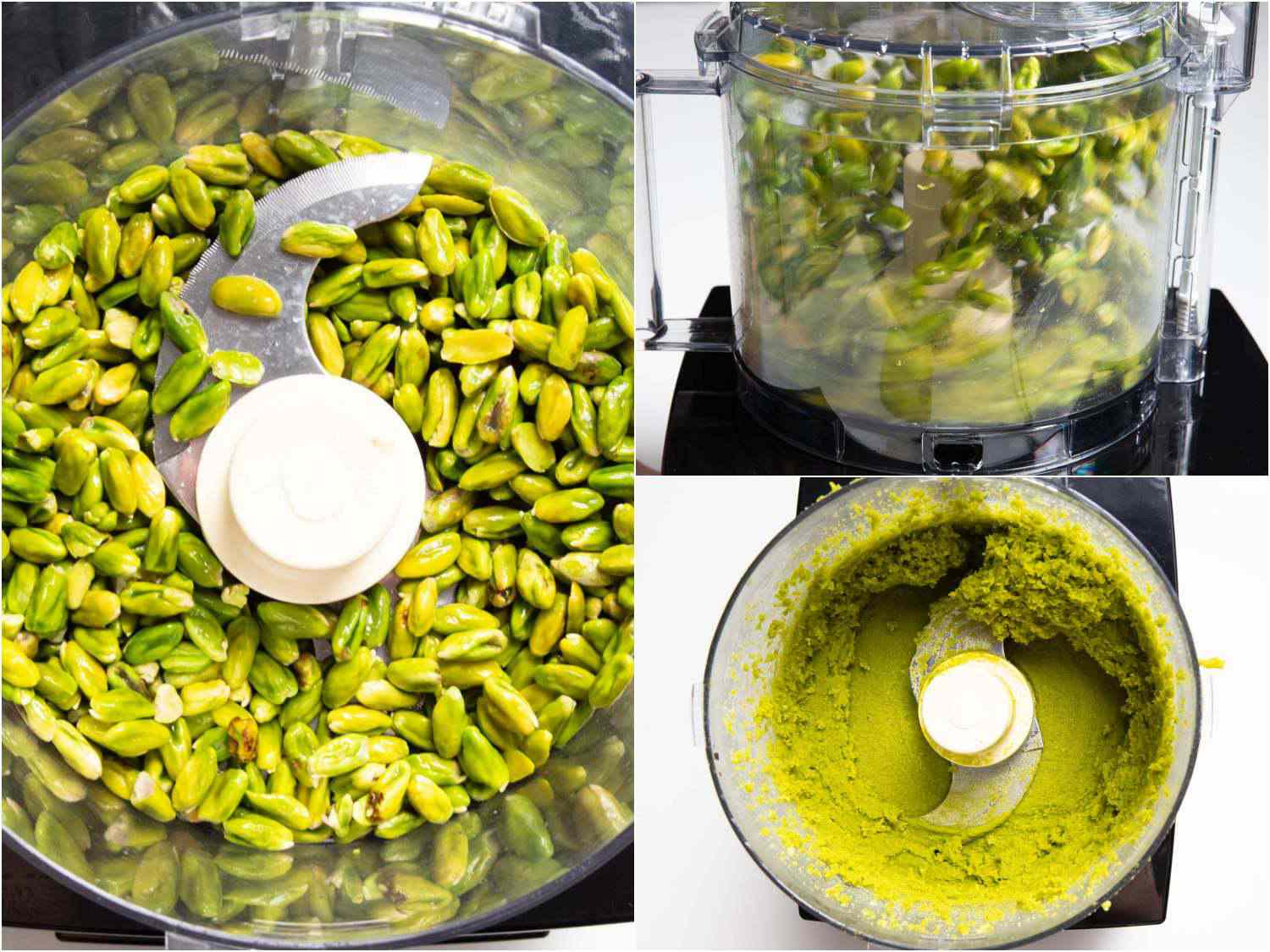 Collage of pistachios being blended into paste in a food processor.