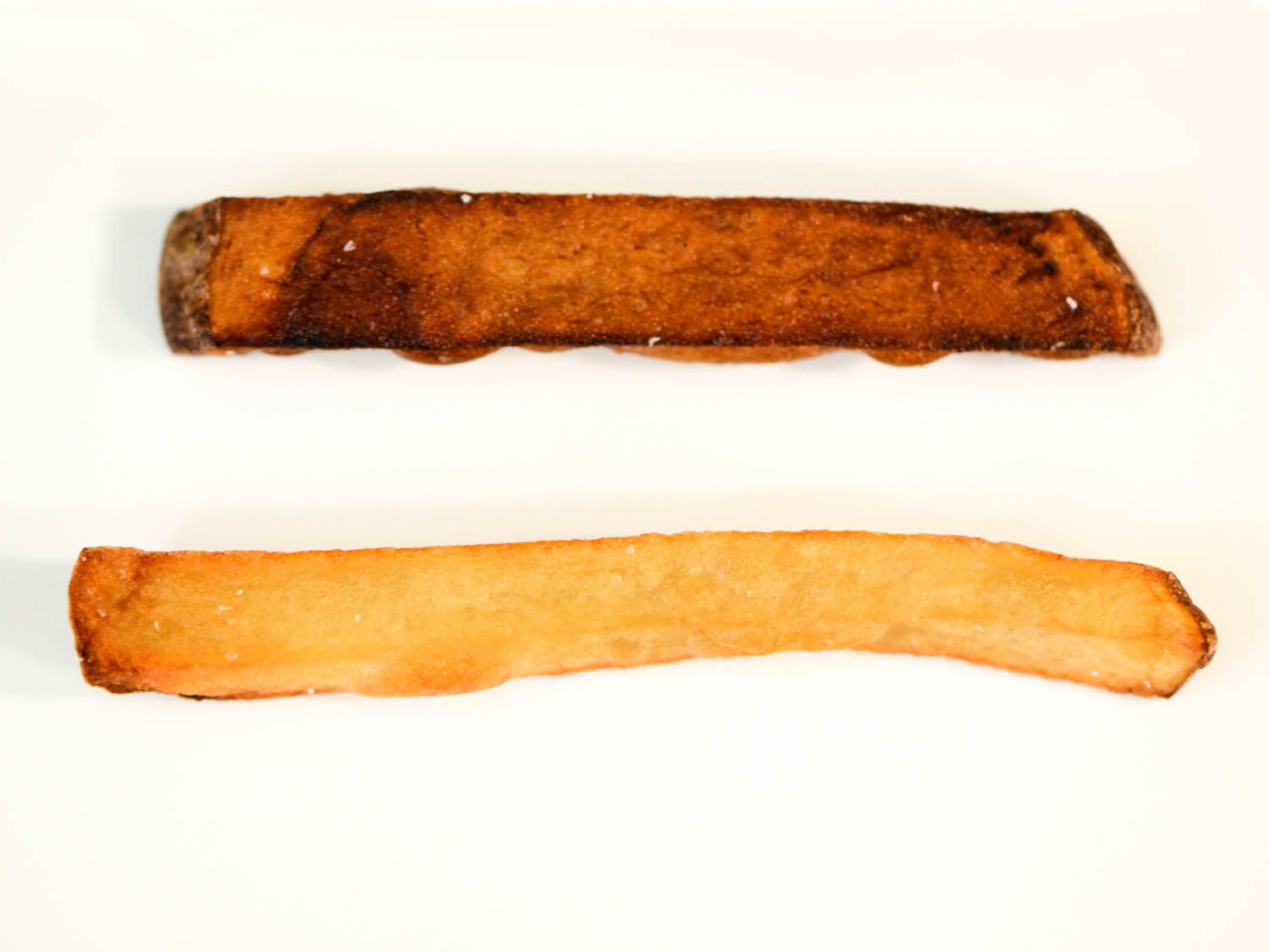 Side by side comparison with darker unrinsed potato fry on top and rinsed potato fry on the bottom.
