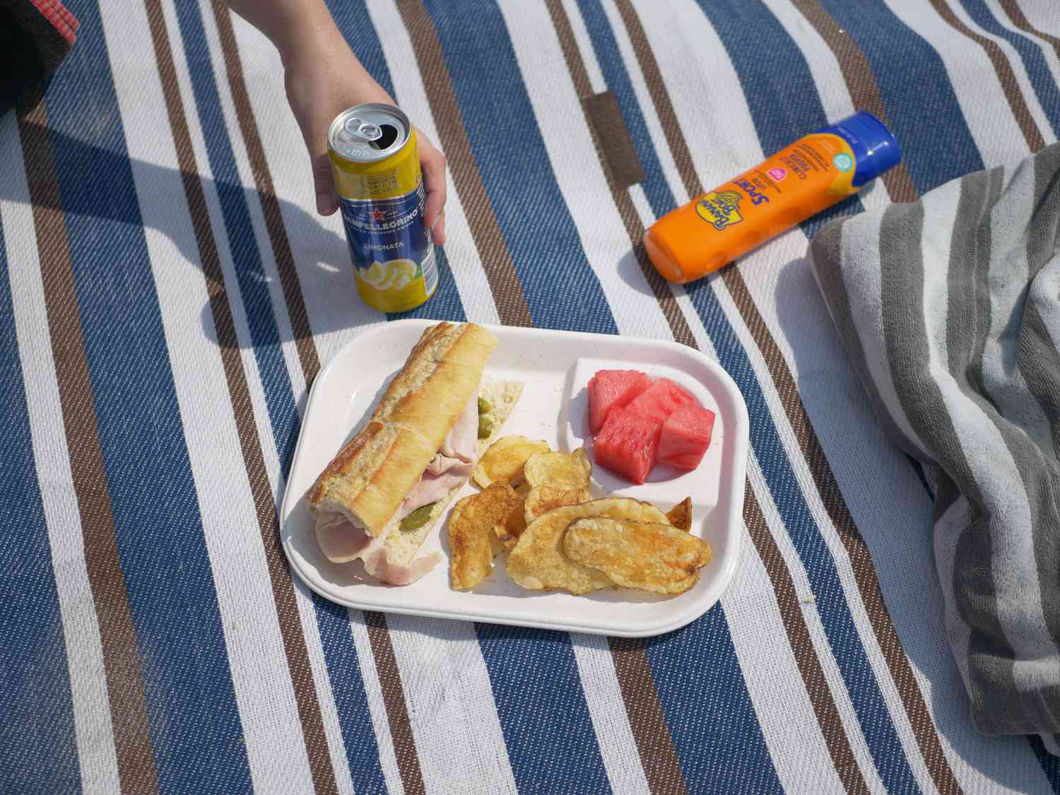 a picnic lunch with sandwich, watermelon, potato chips on a plate and a hand grabbing a lemon soda