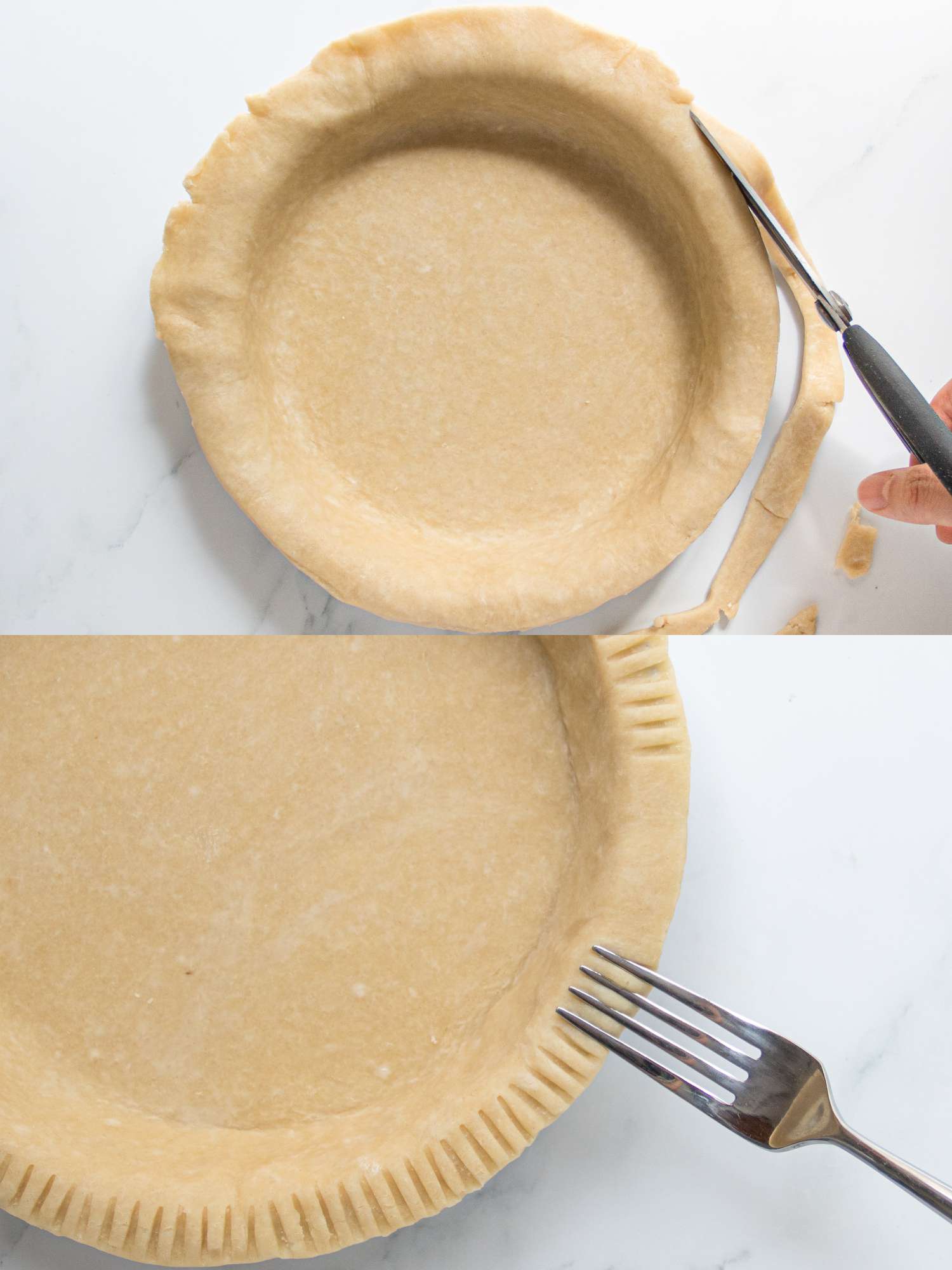 Two image collage of trimming and pricking pie crust edges