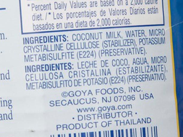 Close-up of ingredient label from canned coconut milk.
