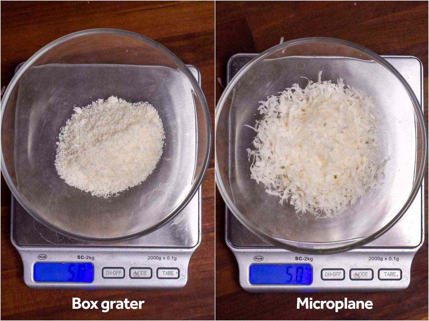 Two 5-gram samples of Parmesan cheese sit in small glass dishes on scales; the box-grated samples clearly takes up less volume than the Microplane sample