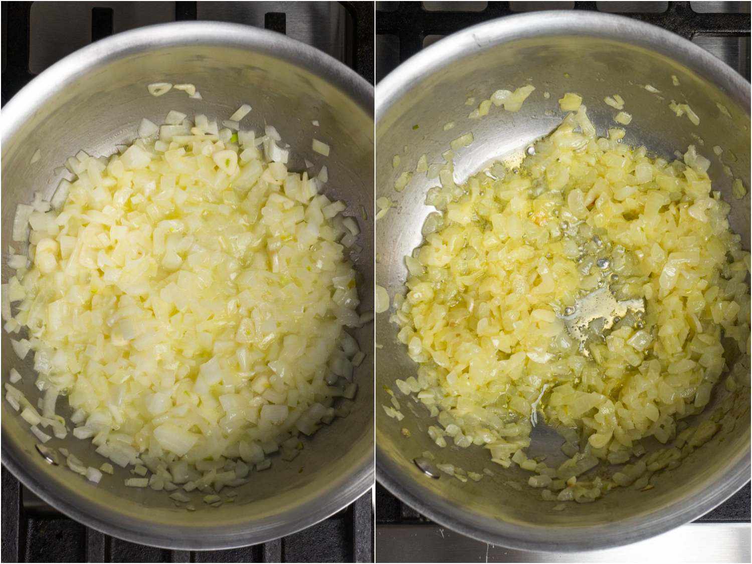 A 2-image collage: Diced onions and butter, before and after cooking for 15 minutes.