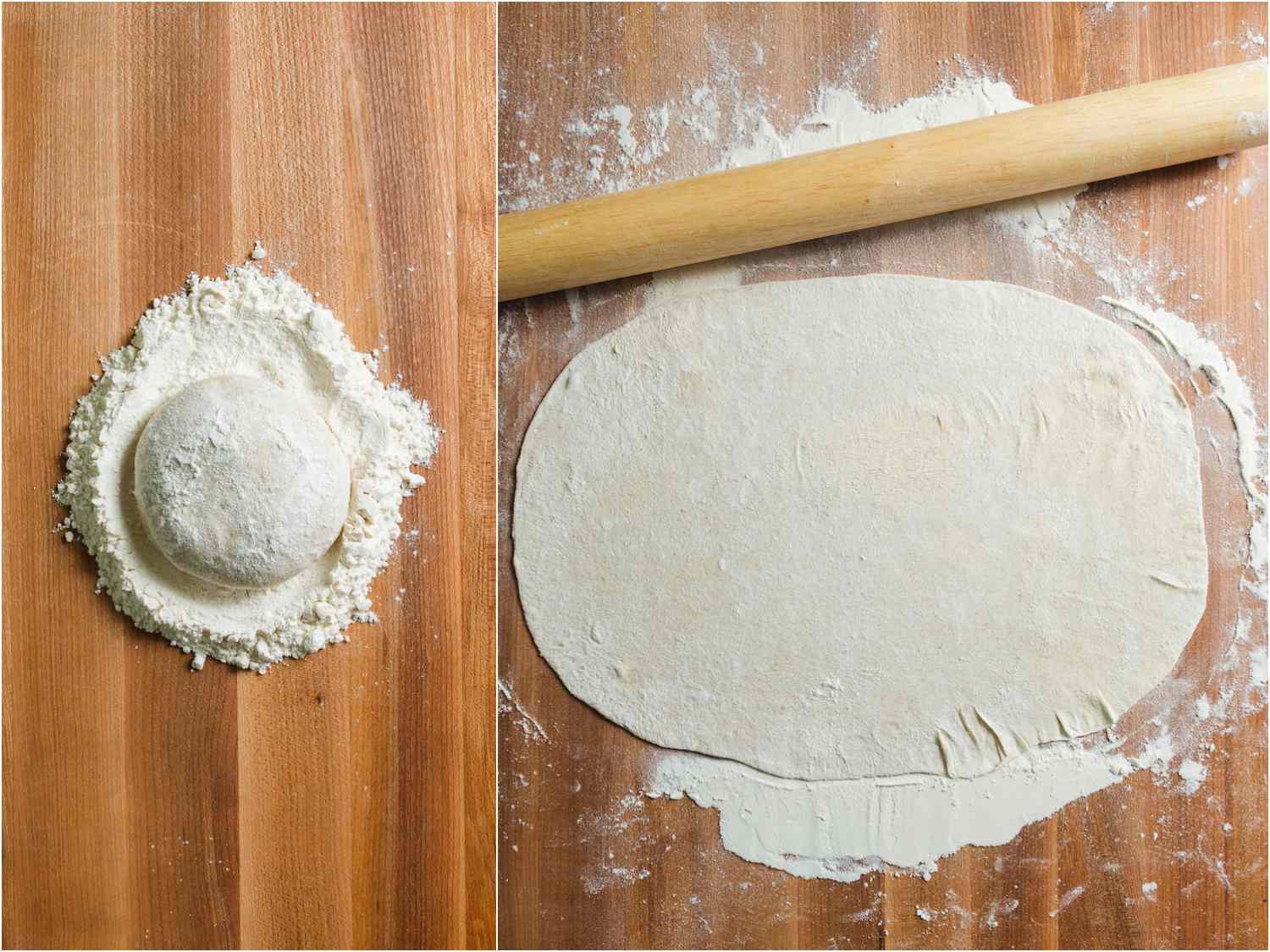 Portion of lavash dough placed on plenty of flour, then the same dough rolled into a 14- by 11-inch rectangle.