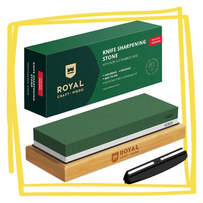 Knife sharpening stone kit with a wooden holder and packaging from Royal Craft Wood