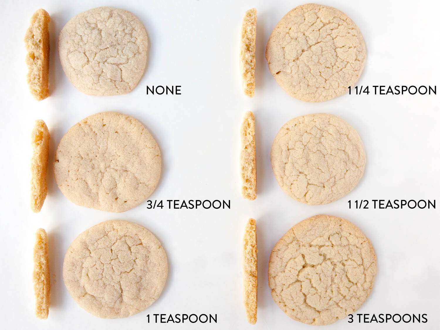 Side by side comparisons of six sugar cookies, each baked with different amounts of baking powder. 