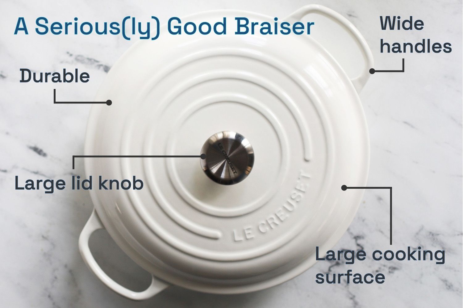 a seriously good braiser: durable, wide handles, large lid knob, large cooking surface