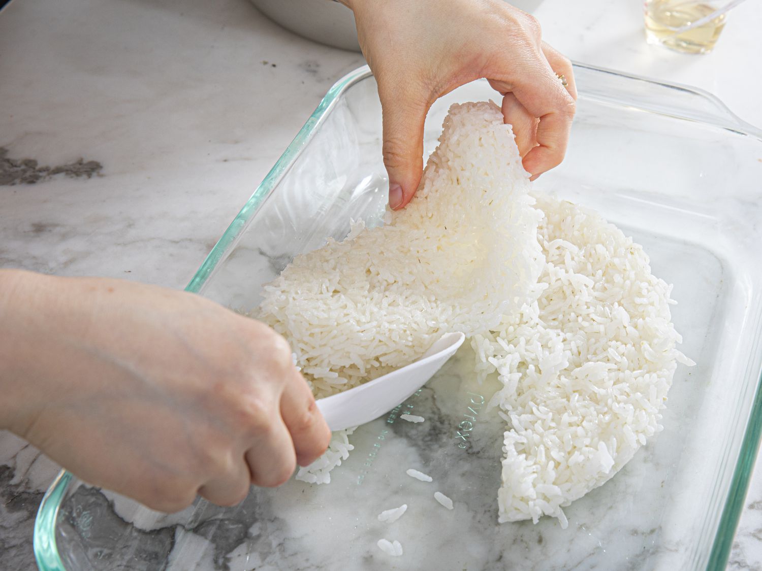 Adding rice to a pyrex bowl