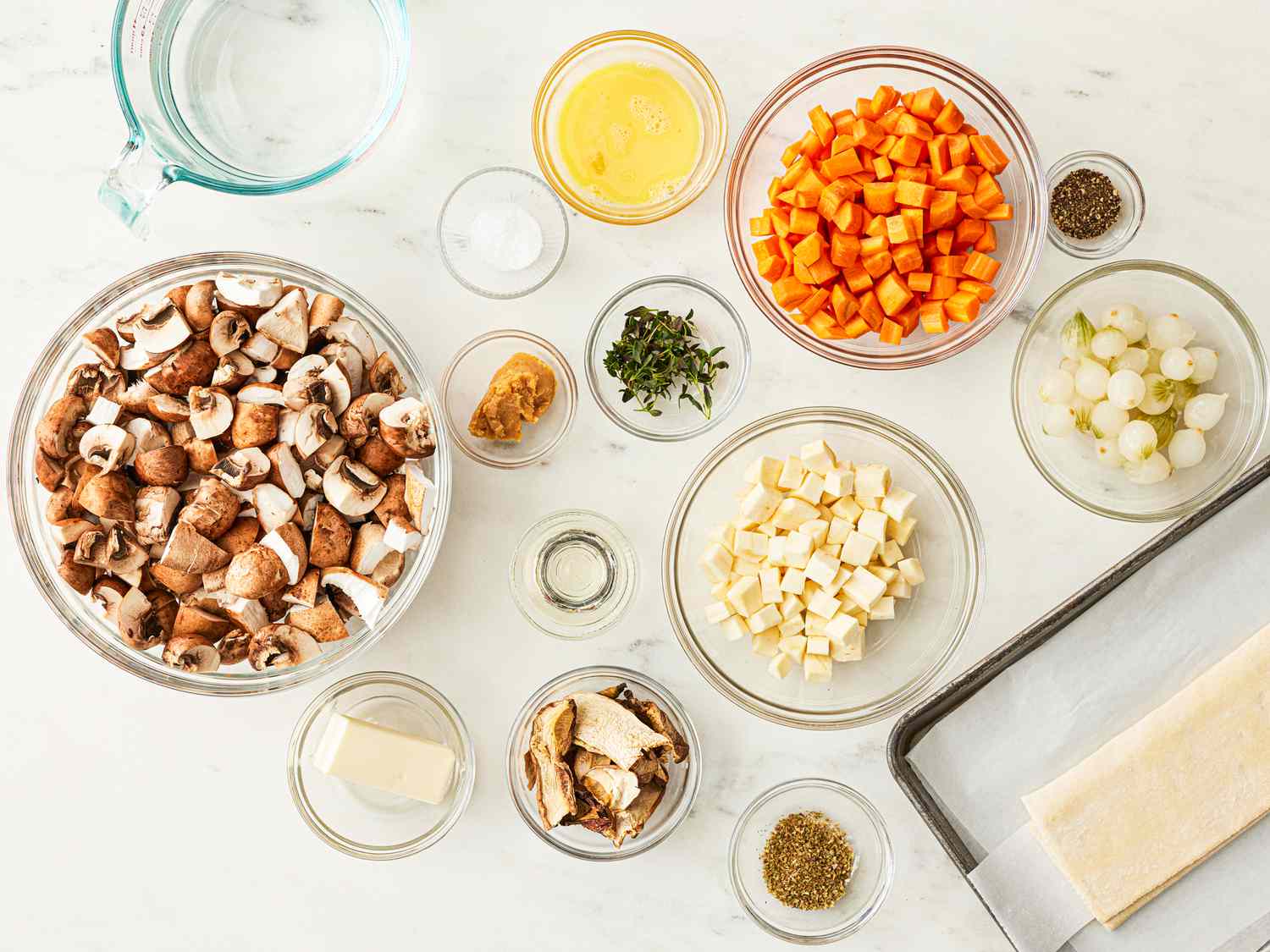Overhead view of mushrooms cut up