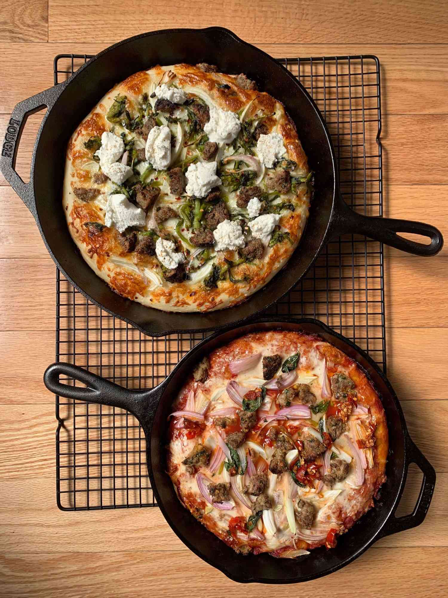Overhead view of fooldproof pan pizza made with sourdough starter
