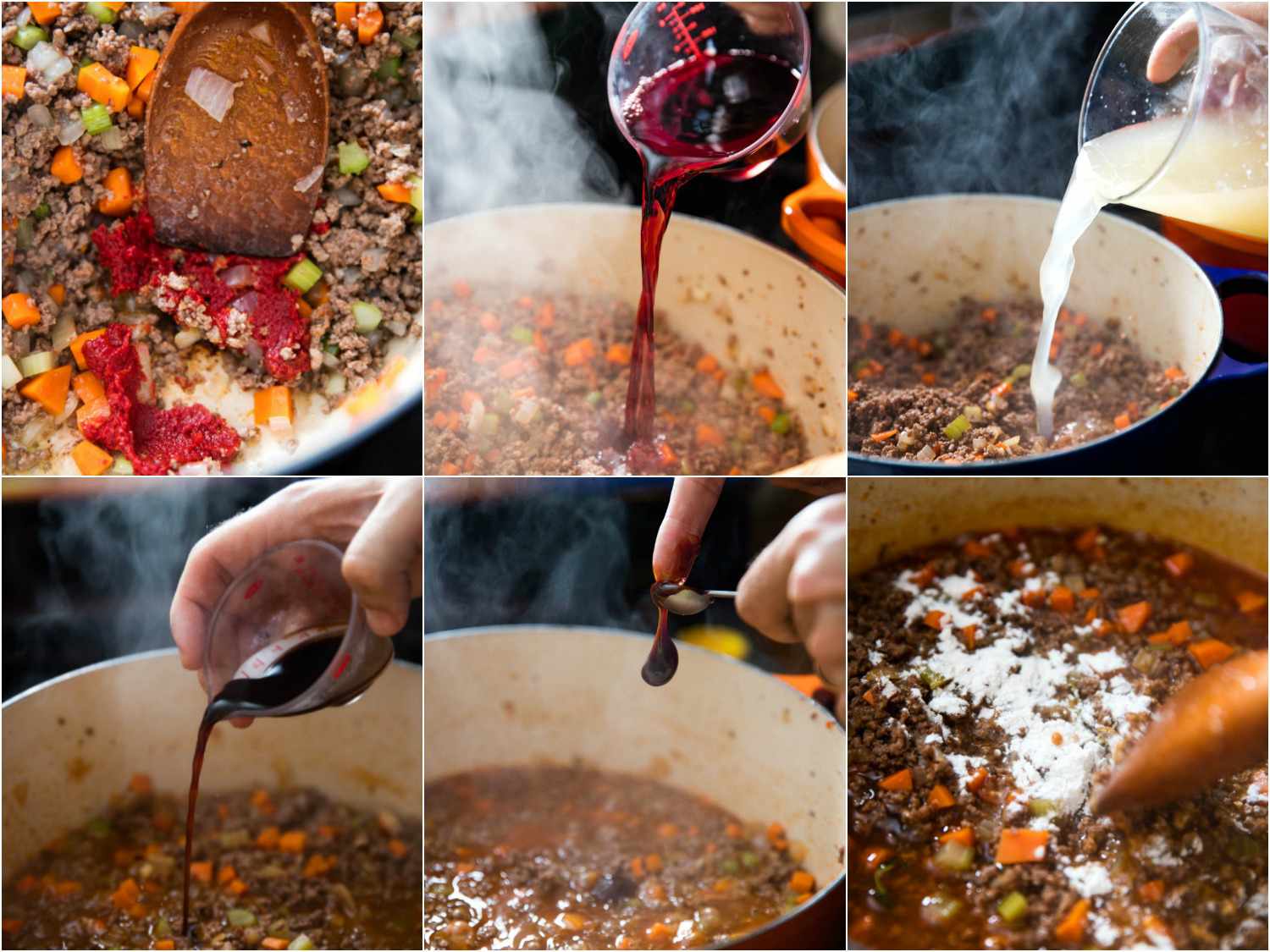 A six photo collage of lamb and beef filling being made in Dutch oven for shepherd's pie, showing adding ingredients like red wine, chicken broth, Worcestershire sauce and Marmite, and being stirred together.