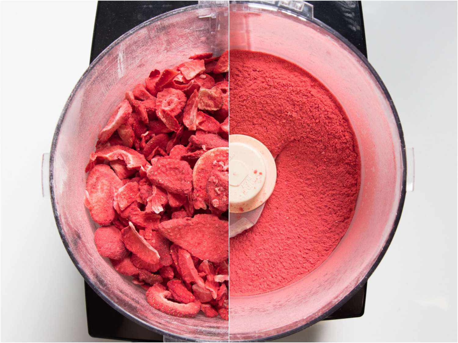Freeze dried strawberries, before and after grinding. 