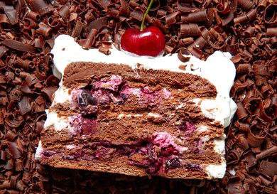 Overhead view of black forest icebox cake