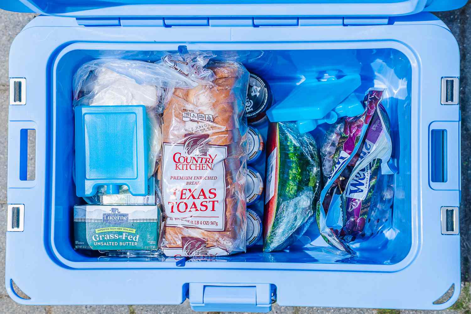 Above view of the inside of the Coleman Pro 45 Ultra-Light Premium Hard Cooler filled with groceries