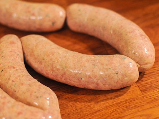 Closeup of the finished links of sausage, ready to grill.