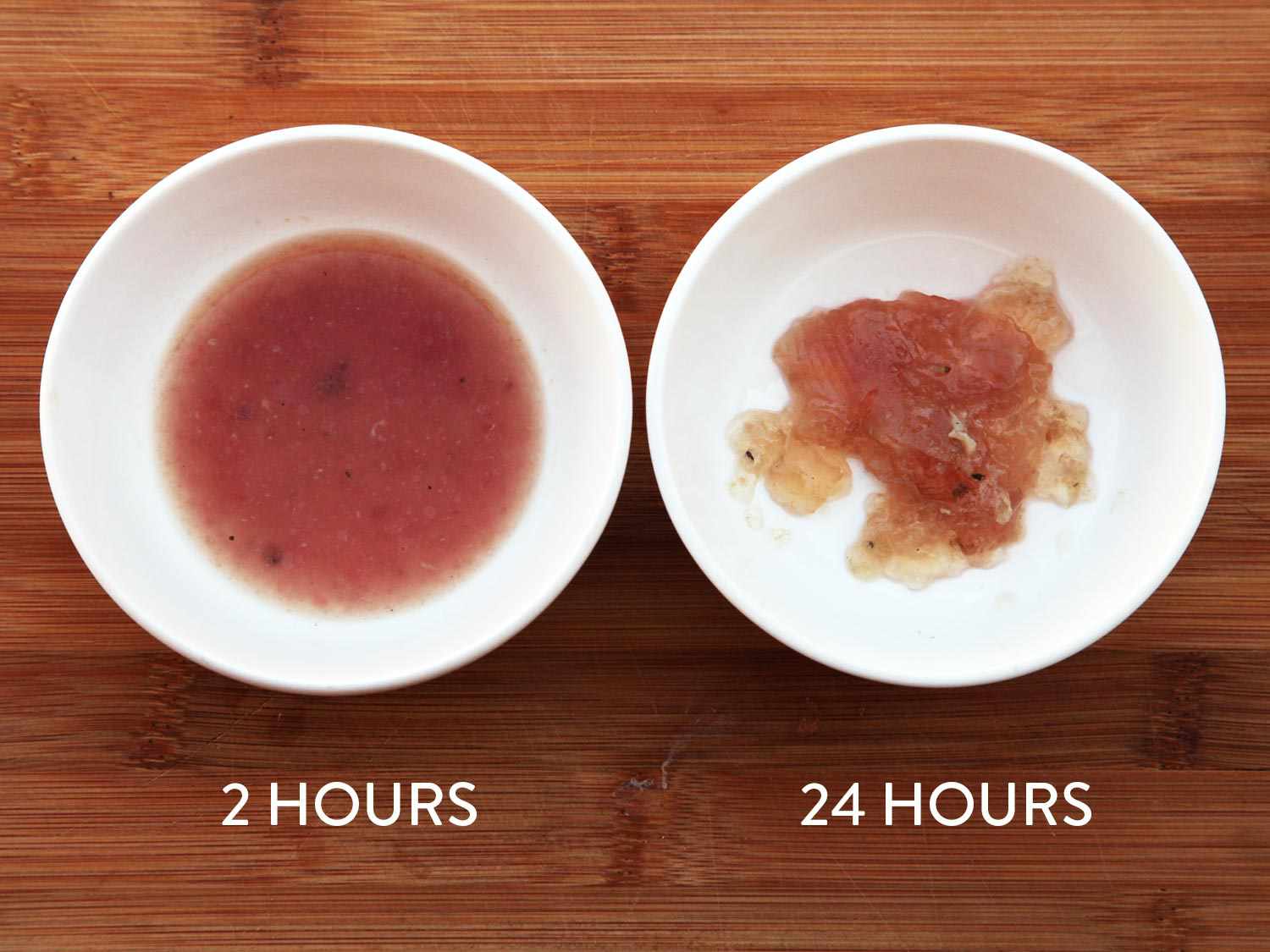Samples of juice expressed from two batches of sous vide chicken breast, one cooked for two hours and one cooked for 24 hours, both at 145°F. The chicken cooked longer lost more protein and gelatin.