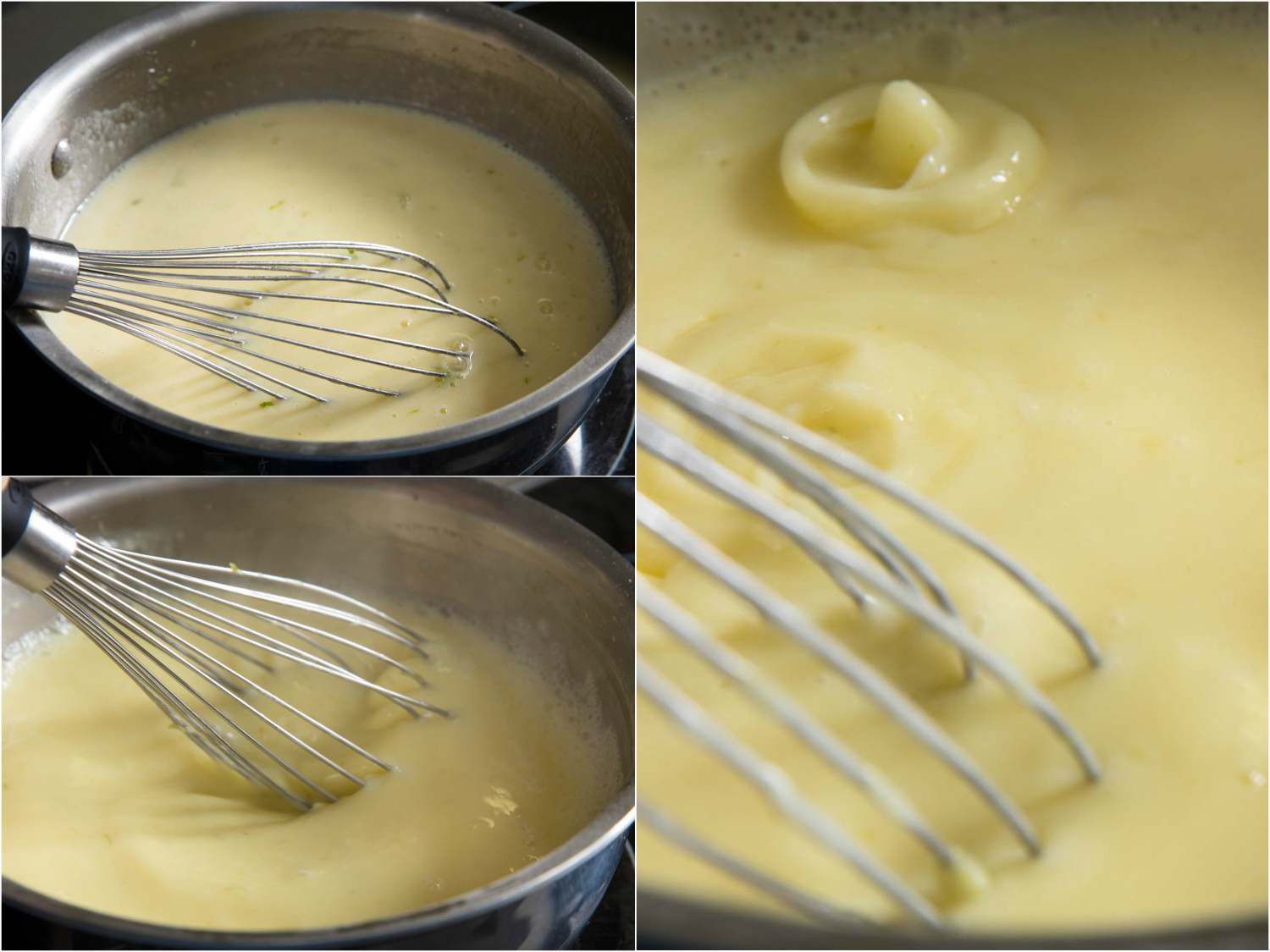 A three-image collage of whisking and simmering the lime custard filling until it thickens.