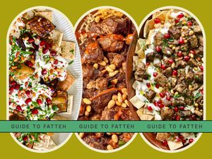 Three varieties of Fatteh dishes each plated with distinctive toppings and garnishes displayed side by side