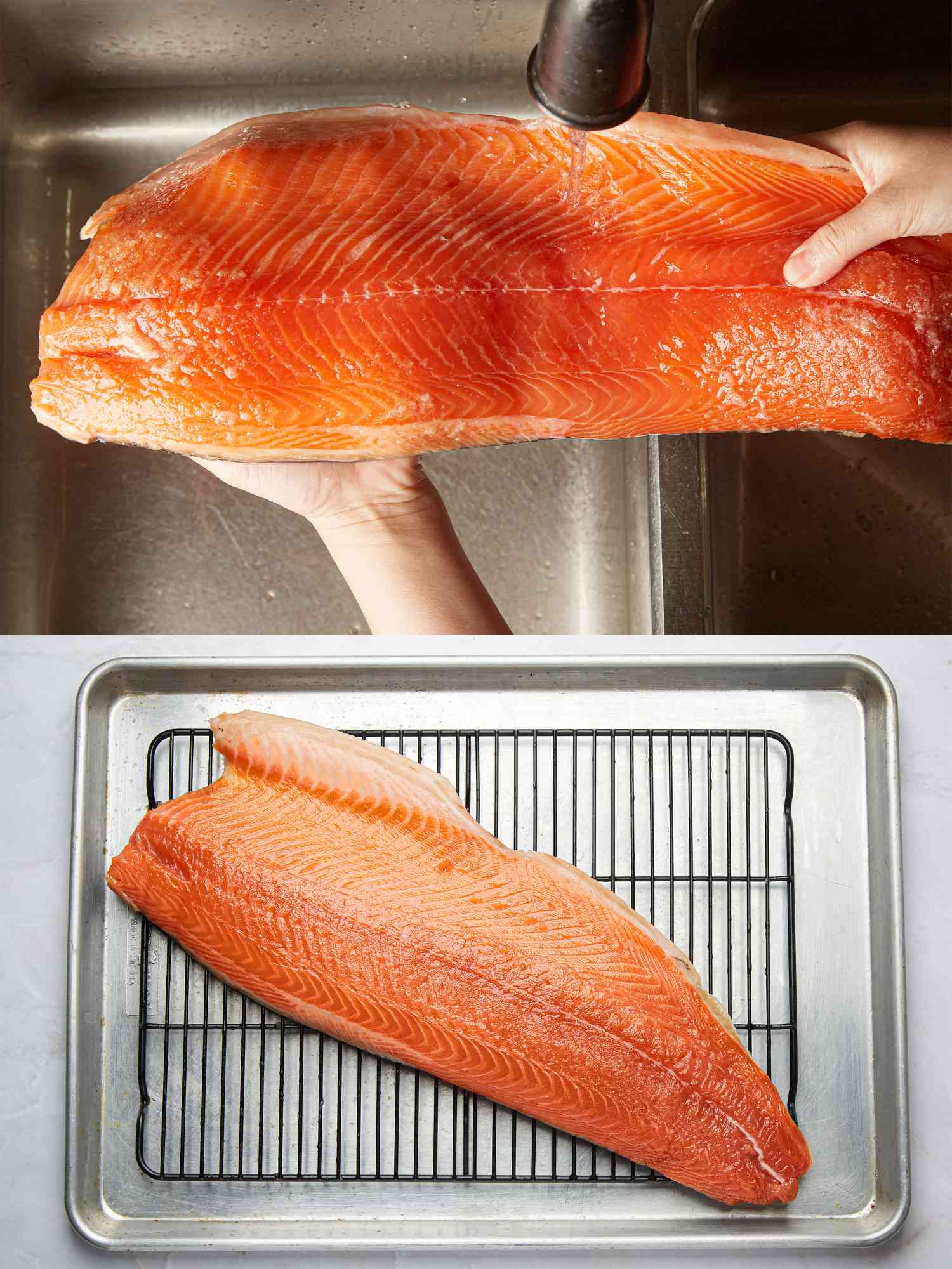 Two image collage of rinsing salmon
