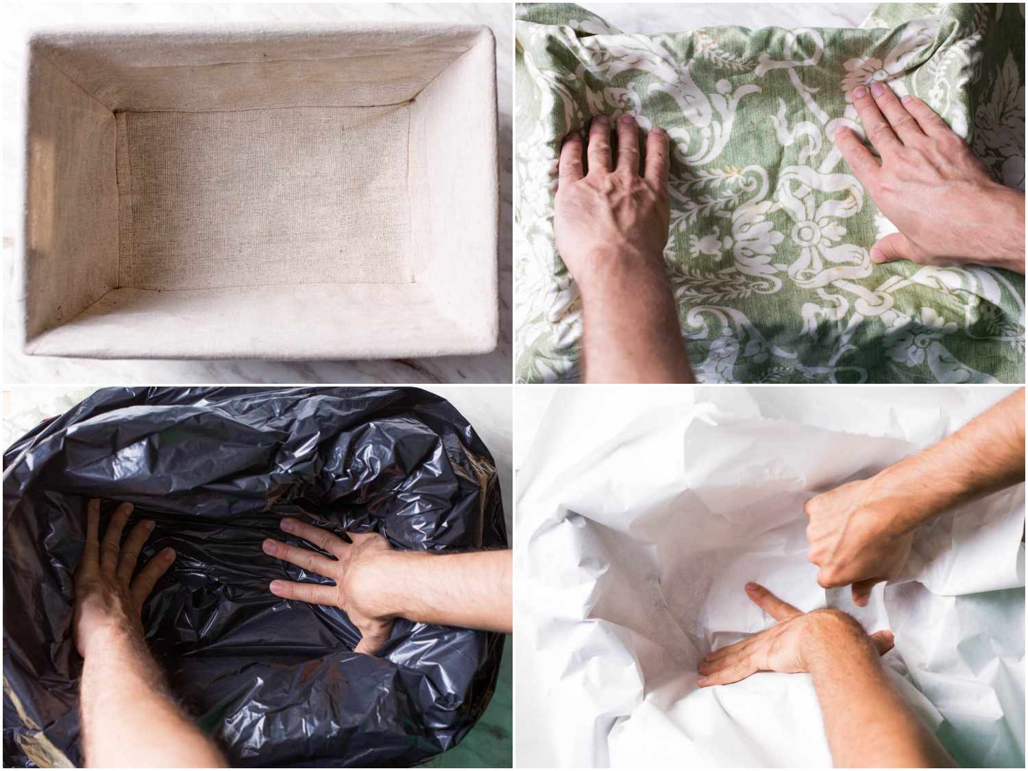 A collage of assembling the container for tacos de canasta: lining a basket with cloth, followed by a plastic bag, and butcher paper. 