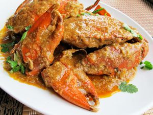 A platter of Singaporean Chili Crab. 