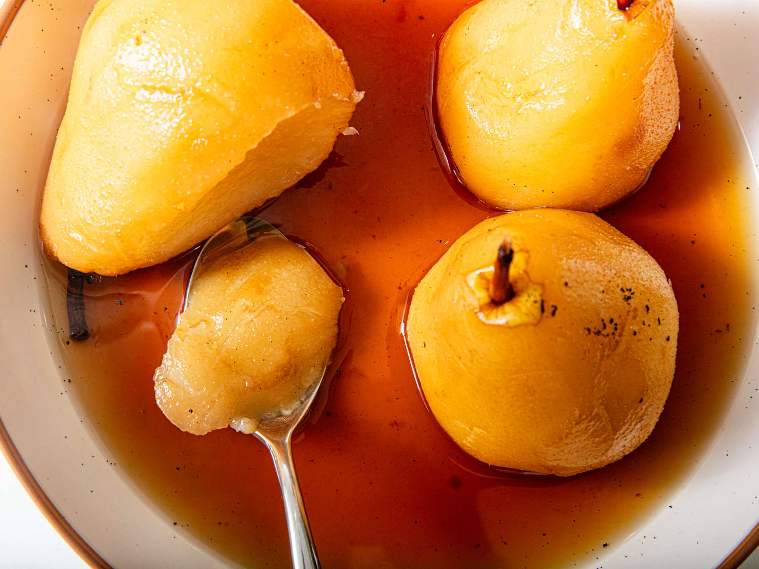 Overhead view of poached pears