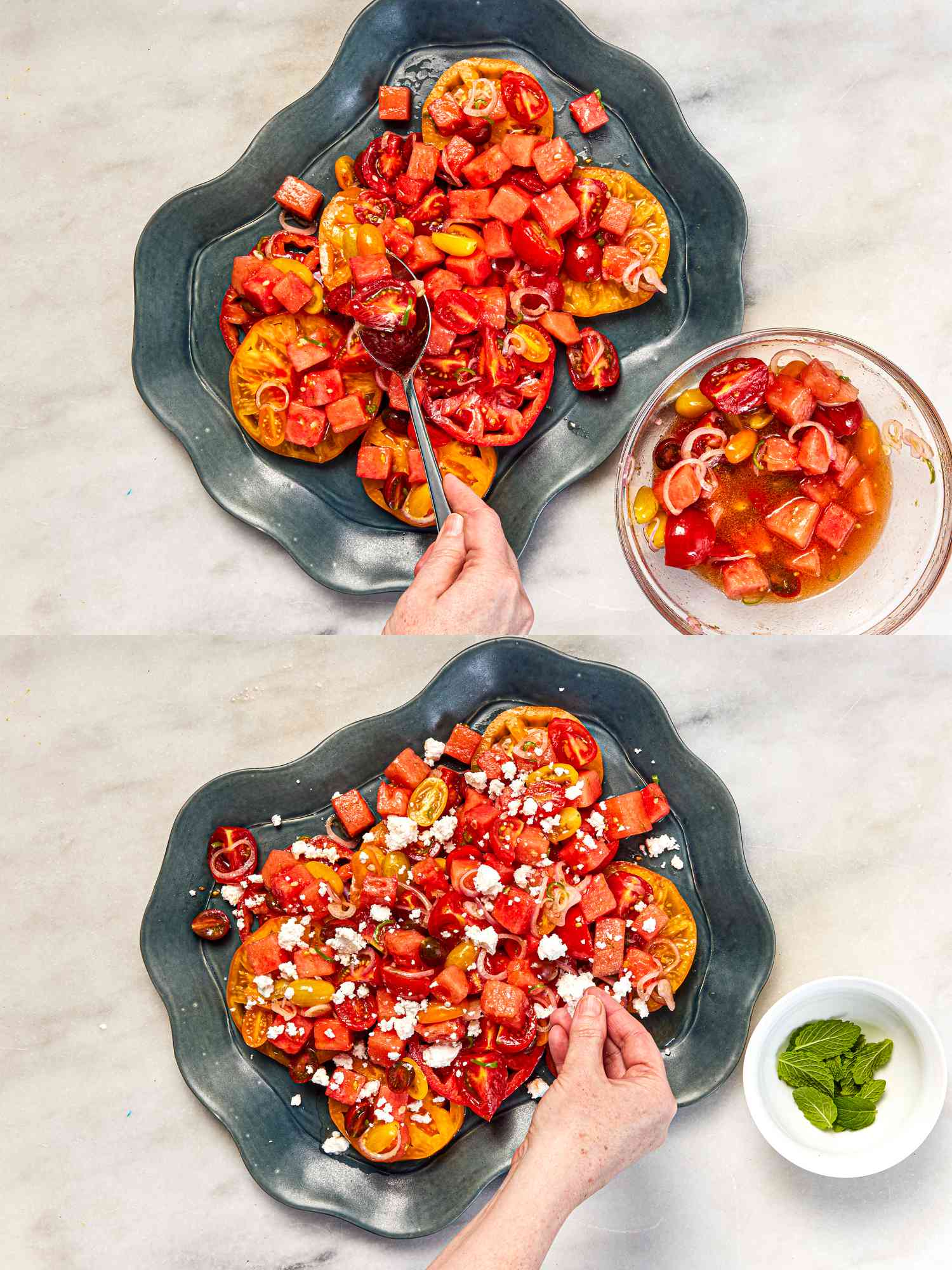 2 images: 1 assembling tomato-watermelon salad and 1 sprinkling on feta