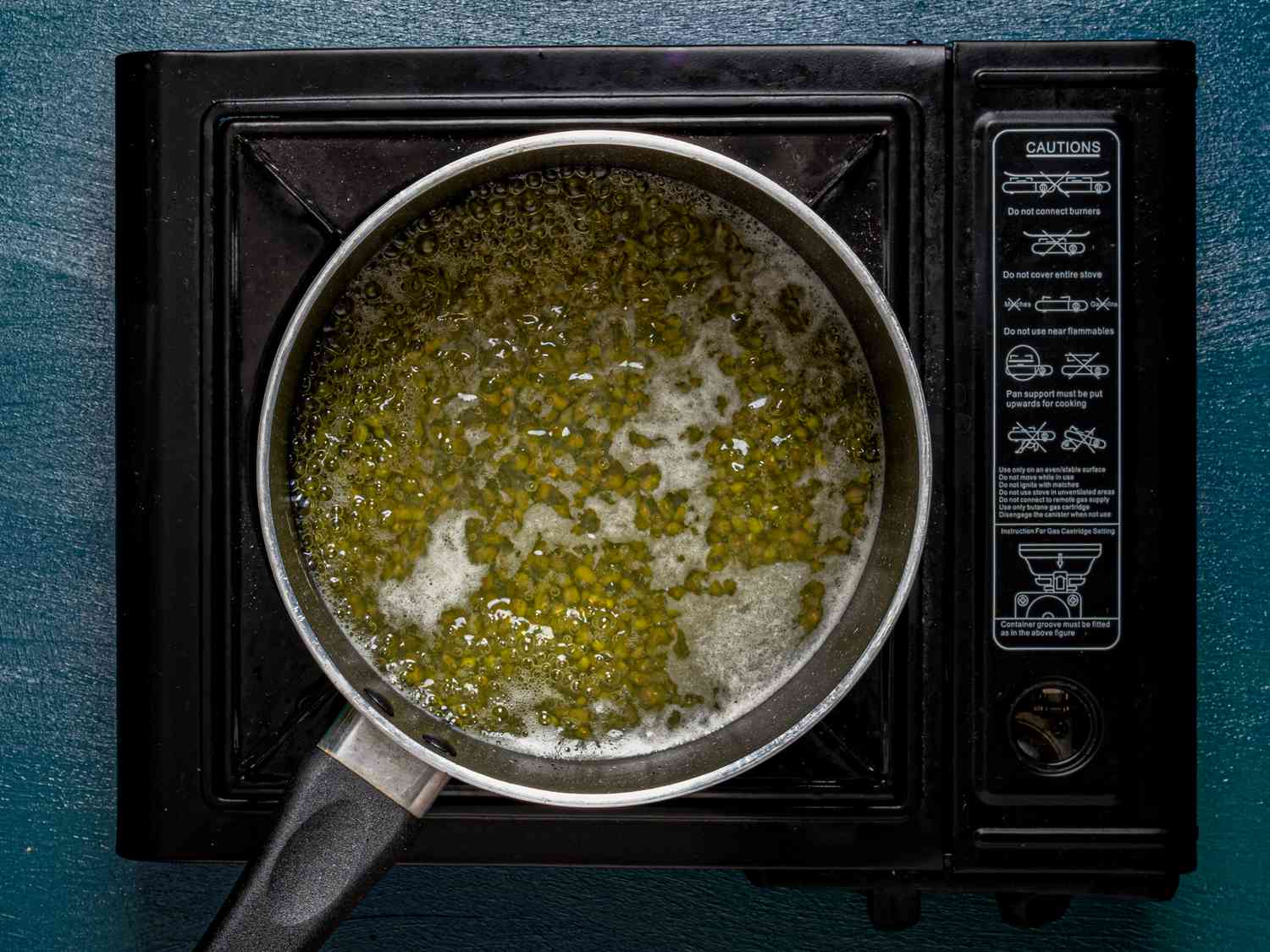 Overhead view of mung beans cooking