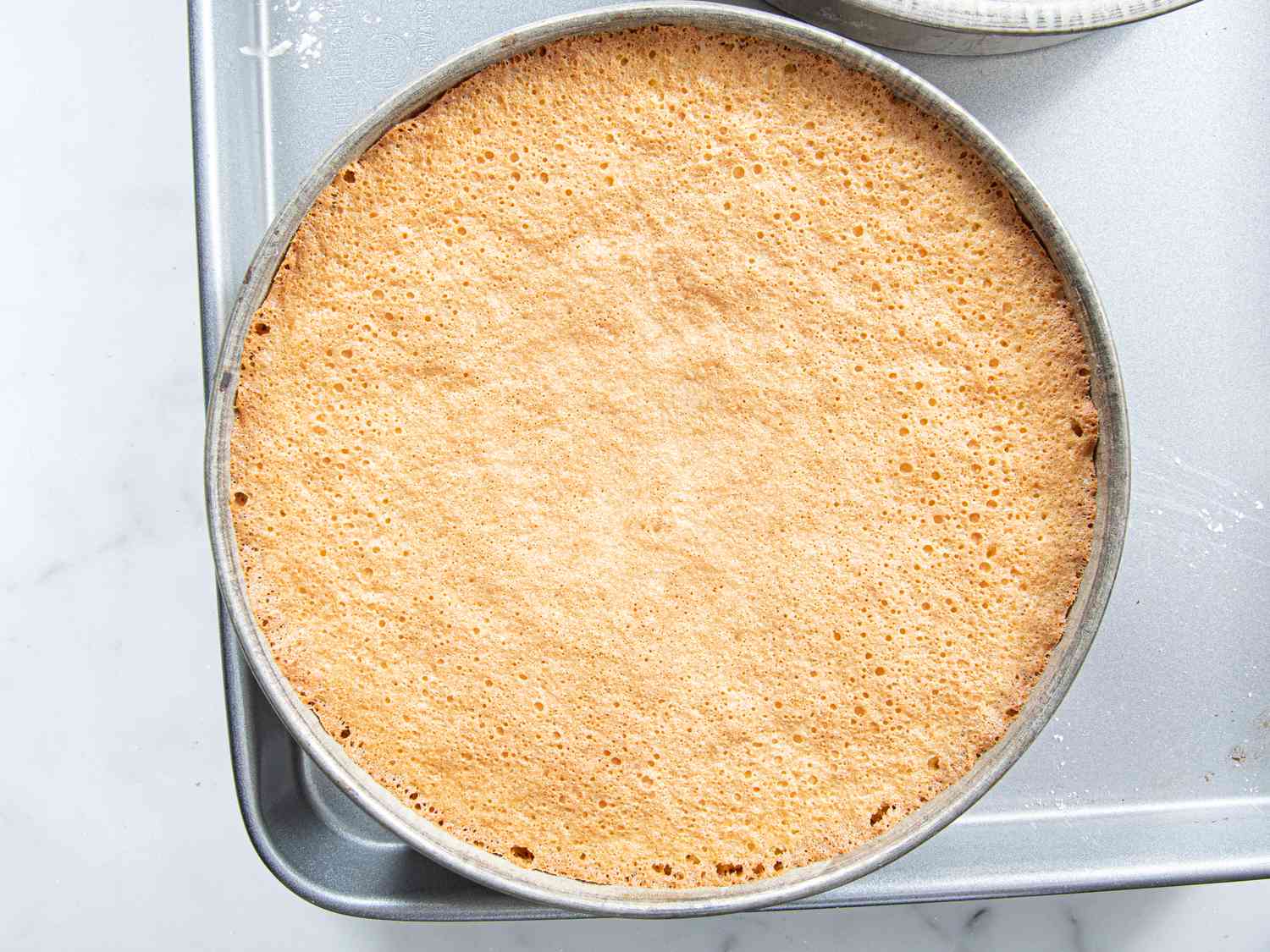 Overhead view of baked cake