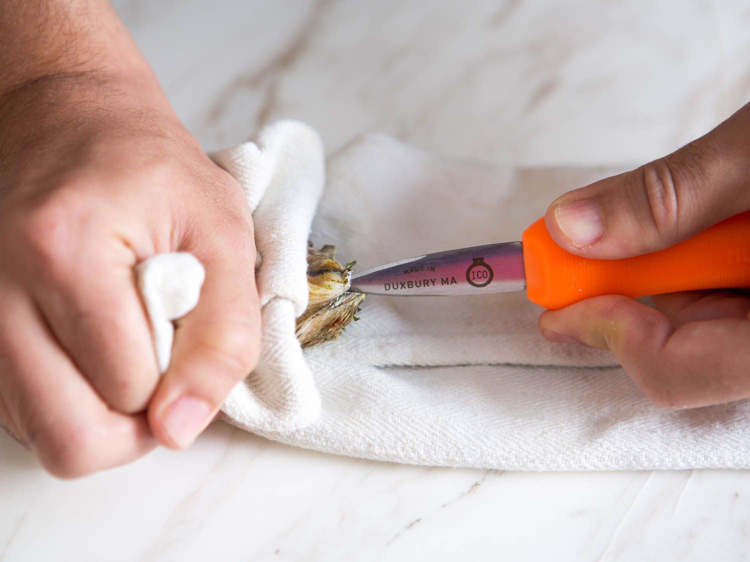 The oyster knife is forced into the hinge and twisted to pry the shells apart.
