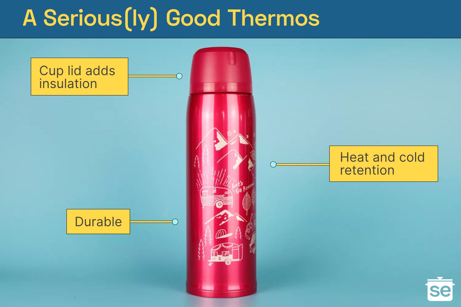 A red thermos on a blue background surrounded by text boxes explaining what makes a good thermos