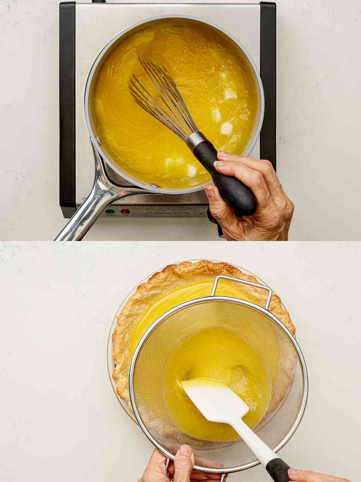 Two image collage of whisking butter into the pie filling and straining the mixture through a sieve to the pie shell.
