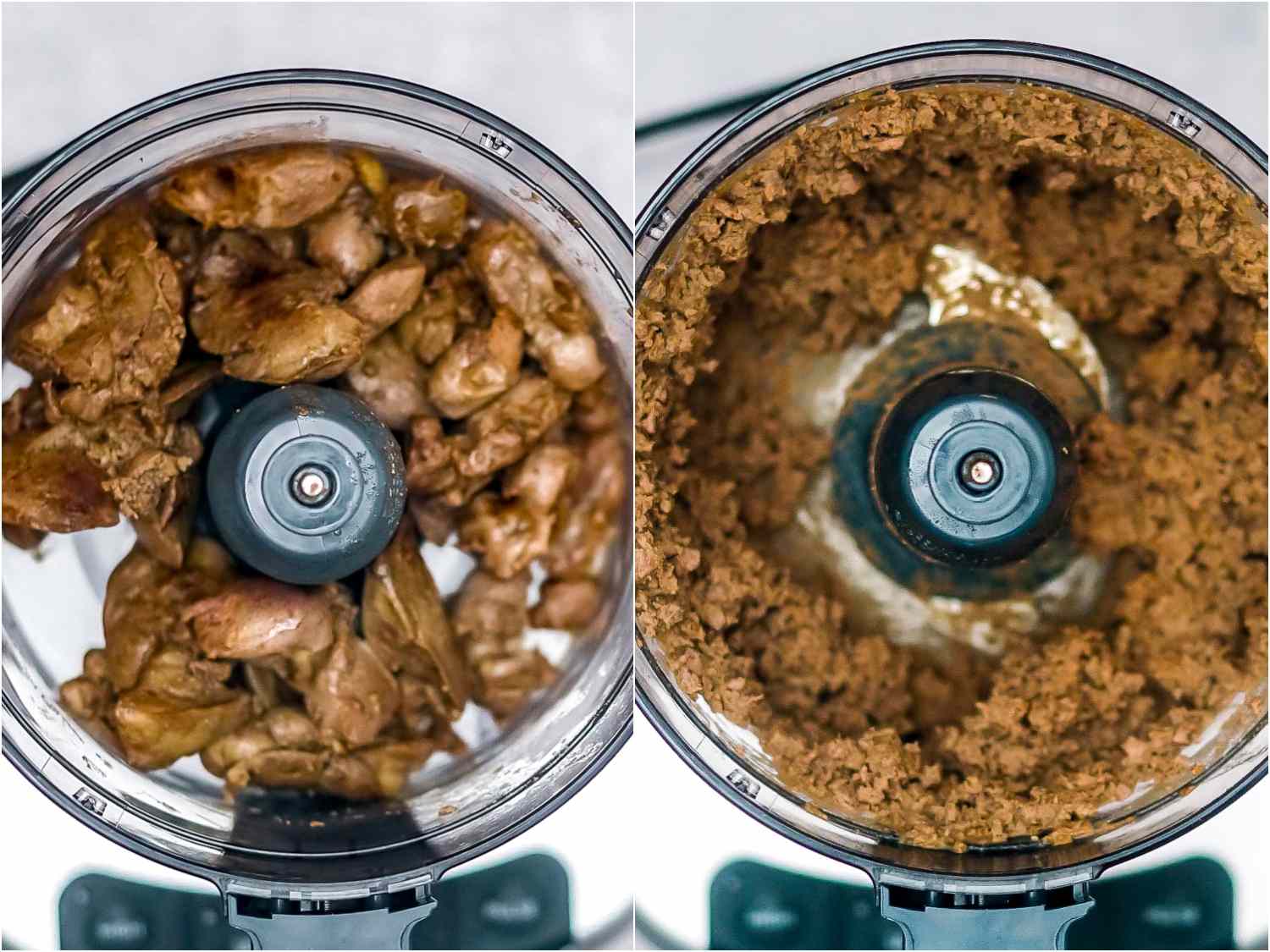 cooked giblets before and after being pulsed in a food processor