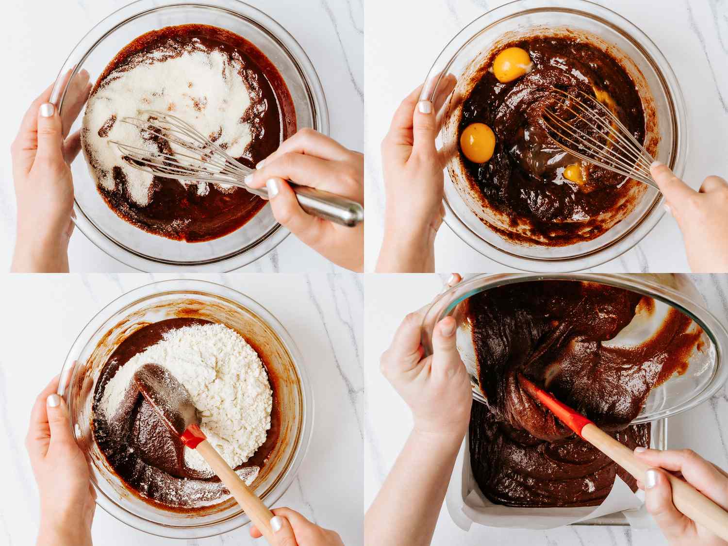 Steps in mixing brownie batter shown in a fourpanel collage with hands stirring ingredients in bowls and a baking pan