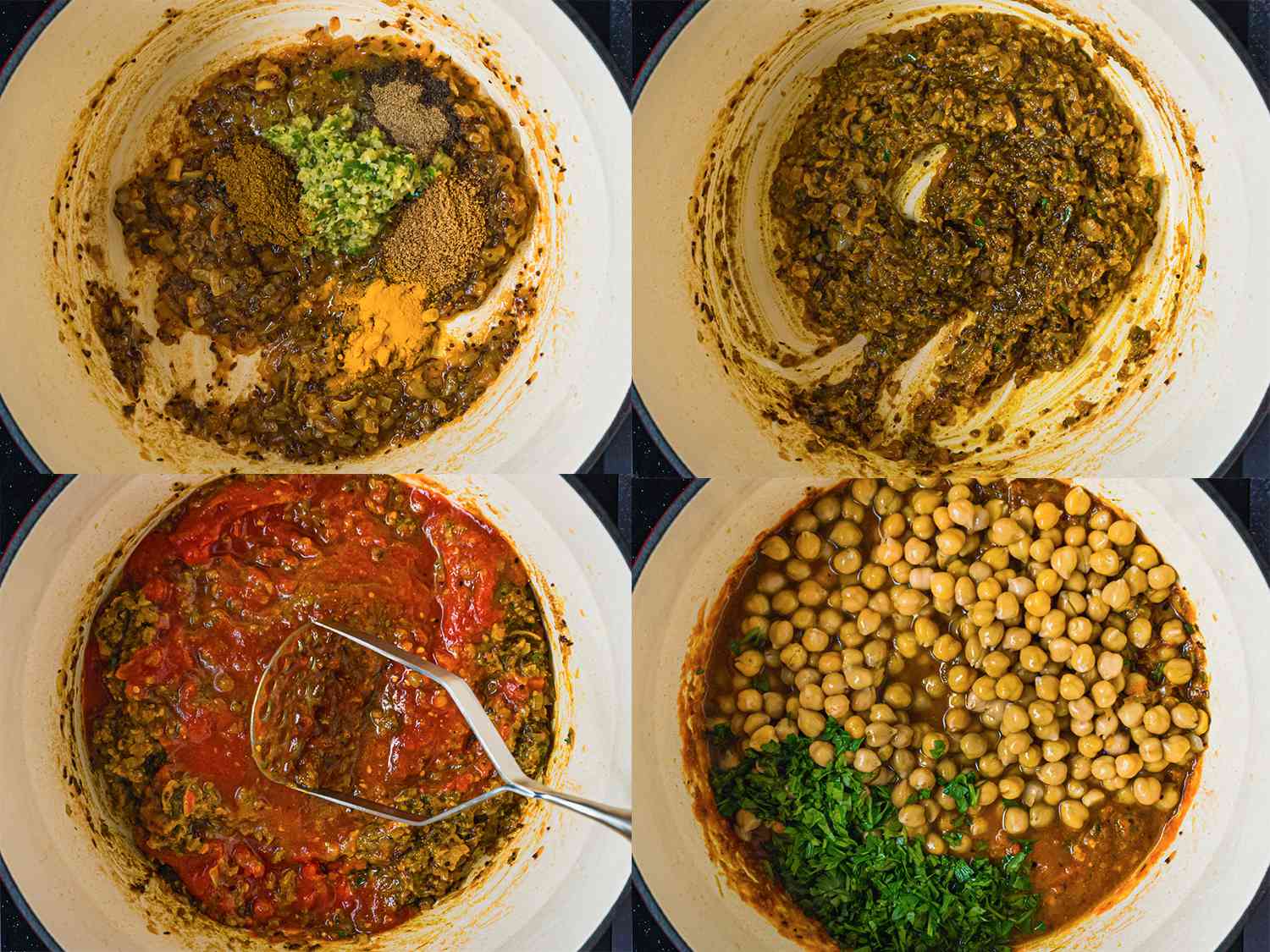 A four-image collage. The top left image shows garlic, ginger, chile paste, coriander, black pepper, turmeric, and 1 teaspoon of garam masala added to the deeply browned onions inside the large Dutch oven. The top right image shows the paste and seasonings stirred into the onions. The bottom left image shows tomatoes crushed inside of the Dutch oven, with a potato masher in the shot to show how they were crushed. The bottom right image shows drained and rinsed chickpeas, cilantro, and Â½ cup of water added to the contents of the Dutch oven.