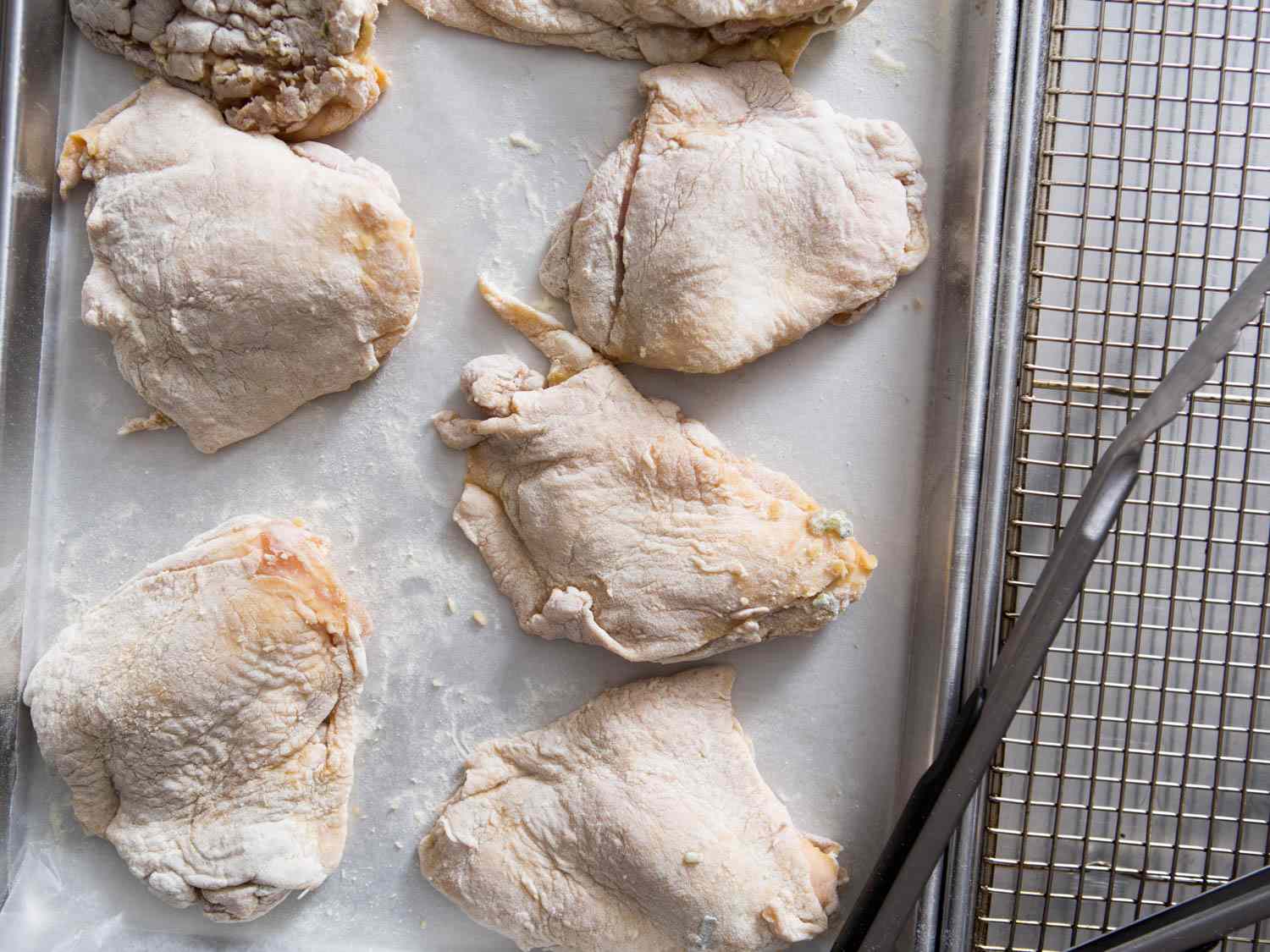The double-dredged chicken thighs, ready to fry.