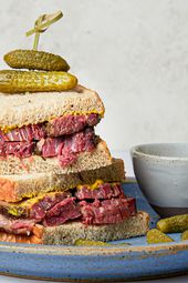 Side view of a montreal smoked meat sandwich