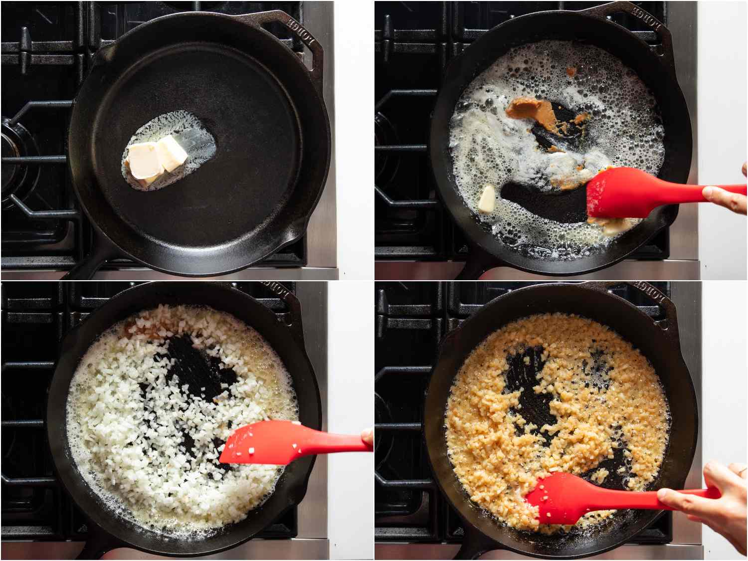 Four-image collage of cooking onion and doenjang in butter