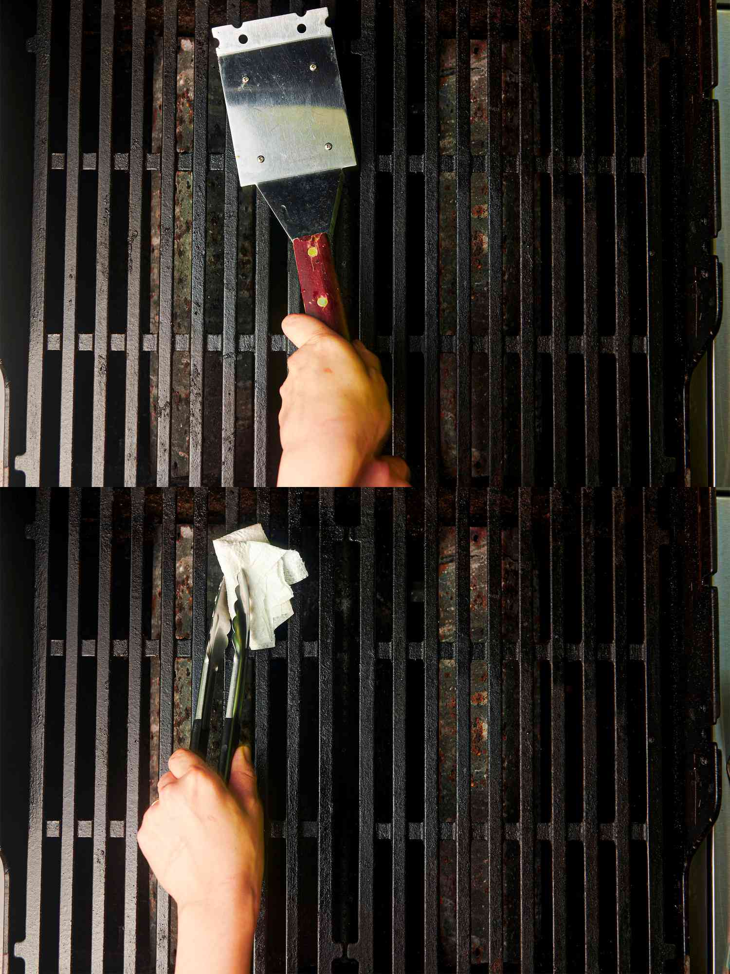 Grill grates being cleaned and oiled