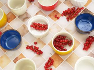 an array of ramekins on a marbler tile surface with red currants scattered about