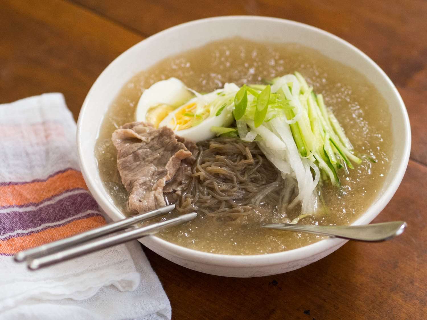 Side view of Mul Naengmyun, or cold korean noodle soup