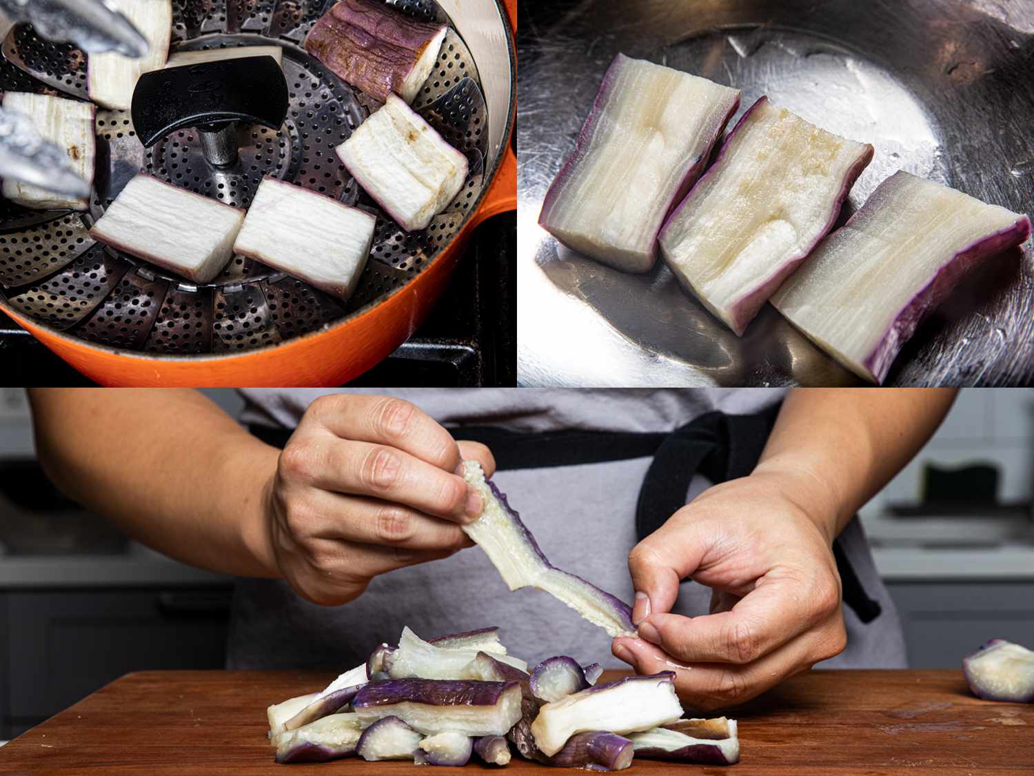 Three image collage. Top right: Egg plants being steamed. Top Left: Steamed Eggplants in a metal bowl. Bottom: Hands tearing eggplants into strips on a cutting board