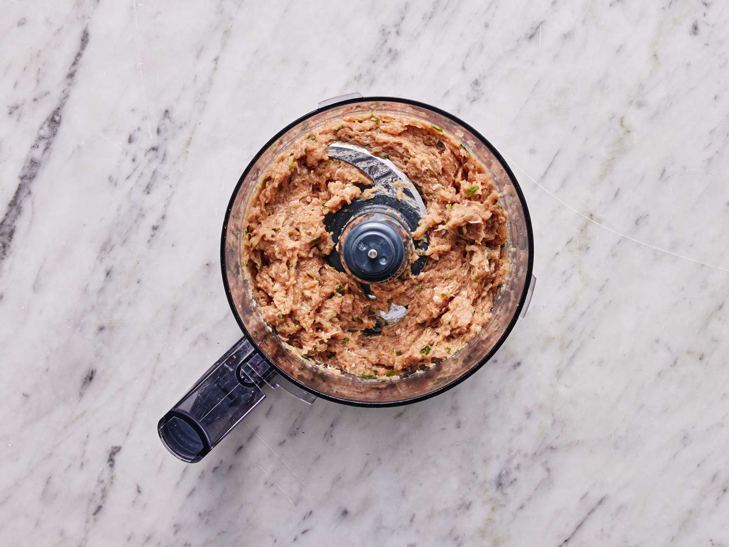Overhead view of dumpling mixture in food processor 