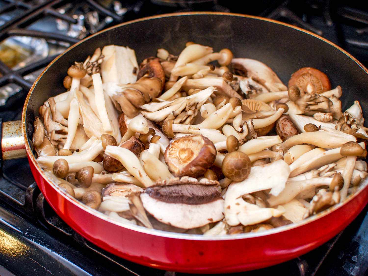 assorted mushrooms in a skillet on the stove