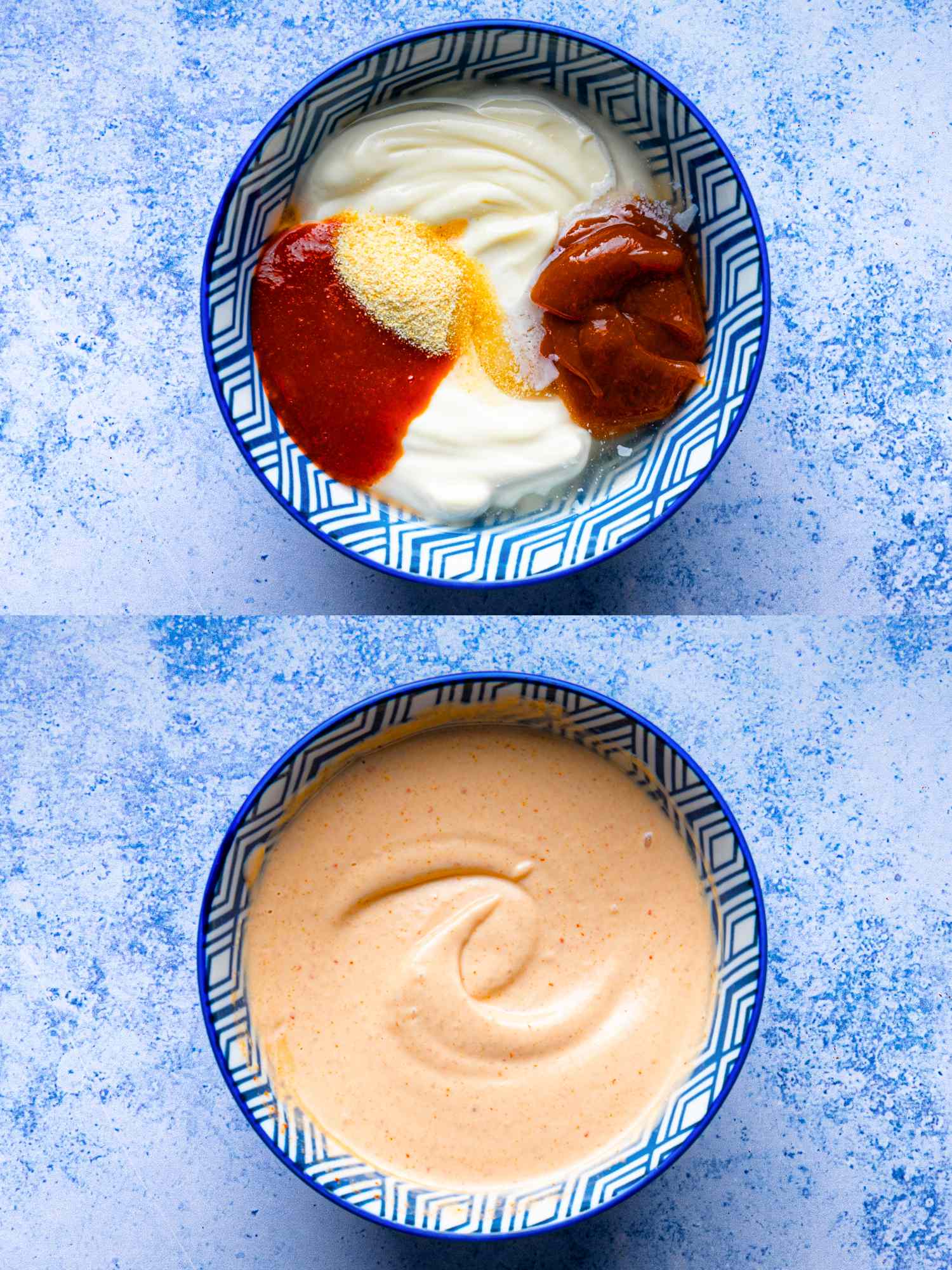 Two stages of preparing a dipping sauce in blue and white patterned bowls top showing the ingredients bottom showing the mixed sauce