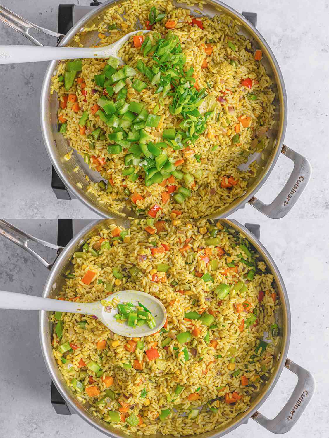 Two Image Collage. Top: Sliced scallion greens and bell peppers added to rice. Bottom: Finished fried rice 