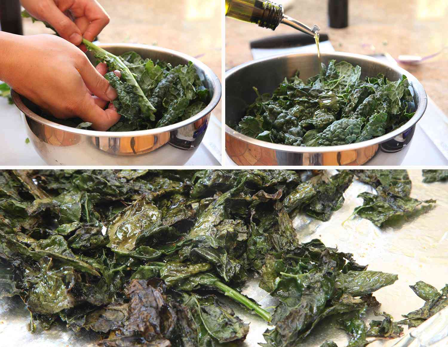 A collage of picking kale leaves, coating them with olive oil and roasting in a baking sheet lined with foil until wilted. 