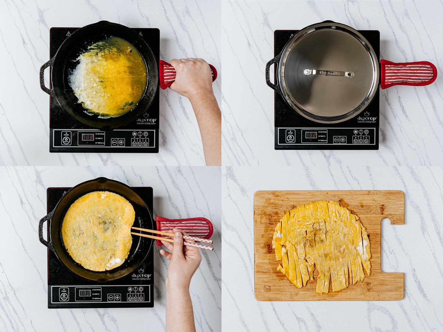 4 image collage. Top Left: tilting eggs in a pan to get a thin even surface on the bottom of skillet. Top Right: Covered pan with lid on it. Bottom Left: Peeling egg off of the pan with chopsticks. Bottom Right: Cooked egg cut up into strips on a wooden chopping board. 
